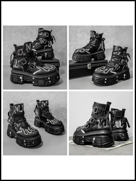 Men\'s Black Leather Platform Motorcycle Ankle Boots Flame Pattern Side Zipper main image 5